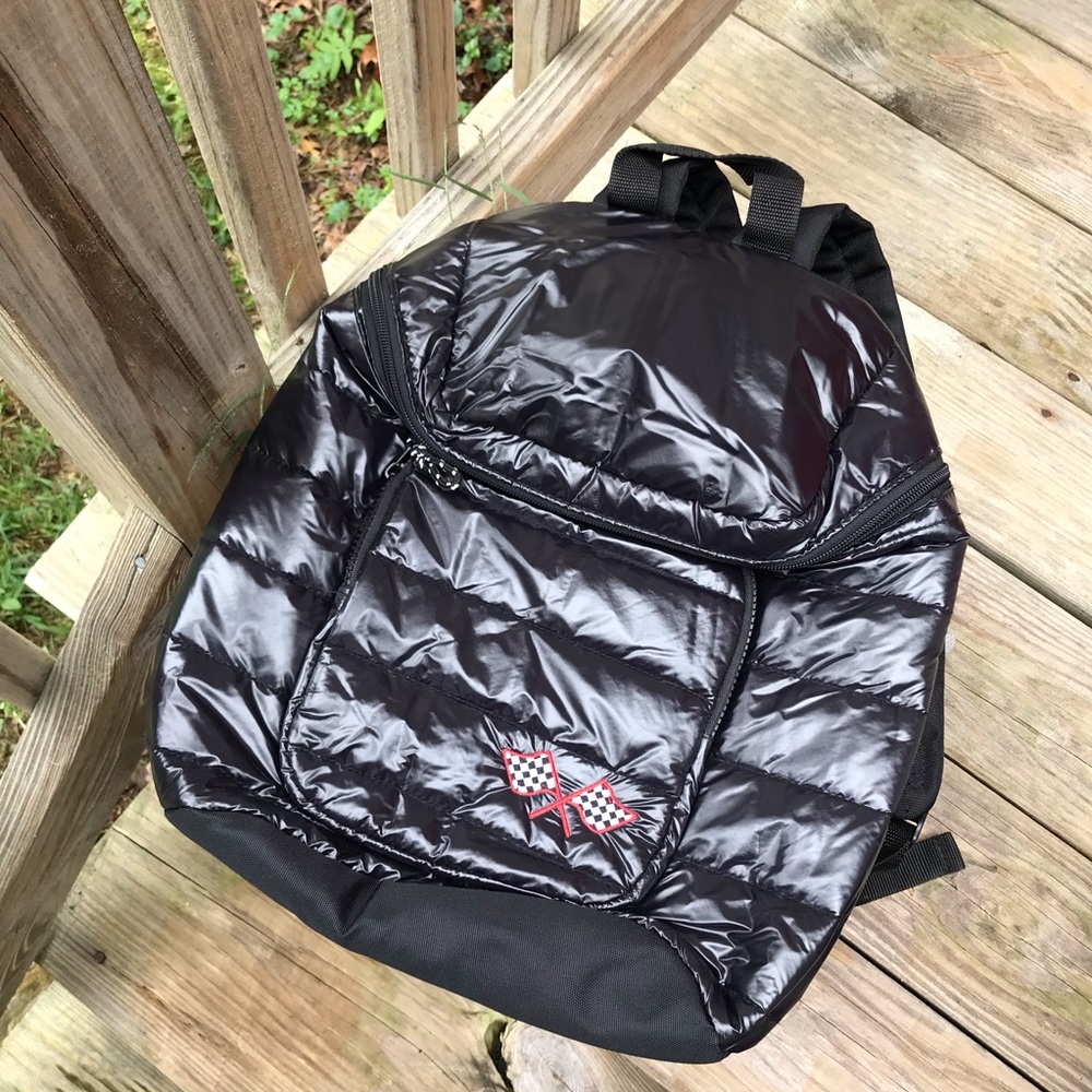 BLACK SHINY REFLECTIVE BACKPACK W/ CHECKERED FLAGS - Picture 2 of 5